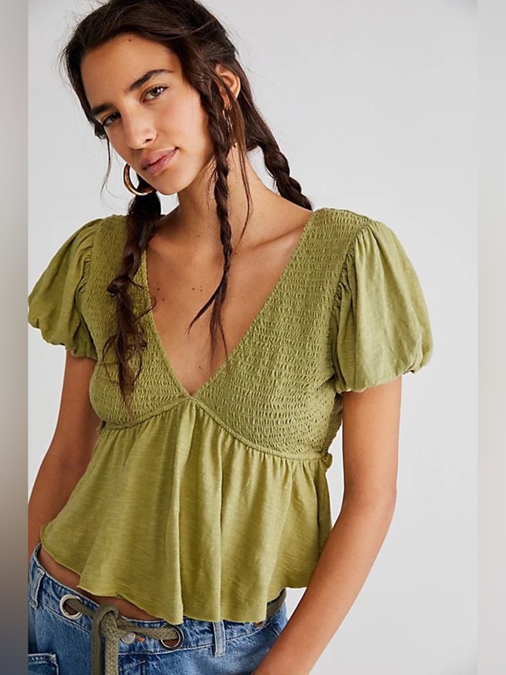 Free People Women's Charlotte Ruffle V-Neck Top Shirt Green Size Small